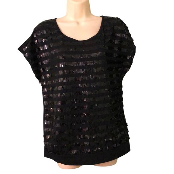 a.n.a. Black sequin stripe knit top Woman size Large Bottom Band - Picture 1 of 8